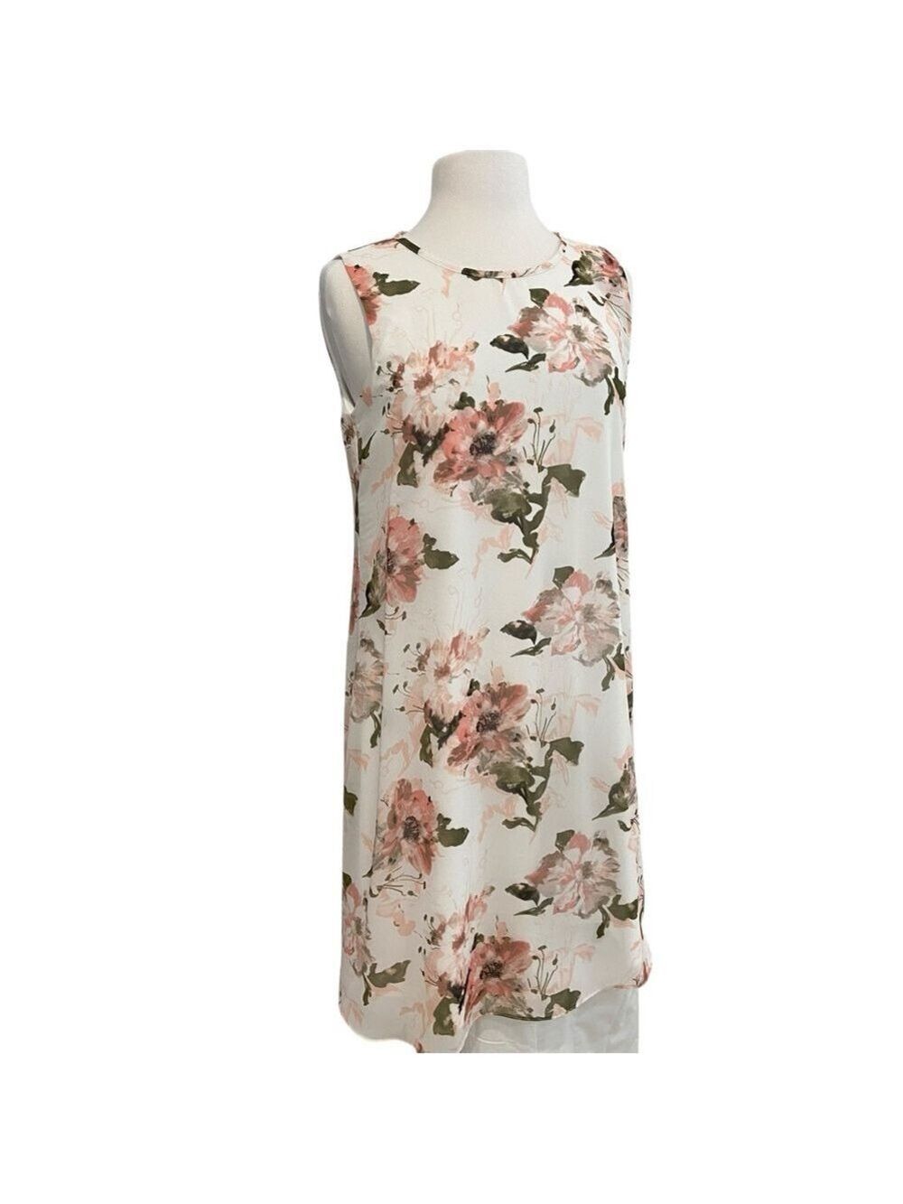 Frank Lyman designer flowy dress floral pink ecru white sleeveless round neck 8